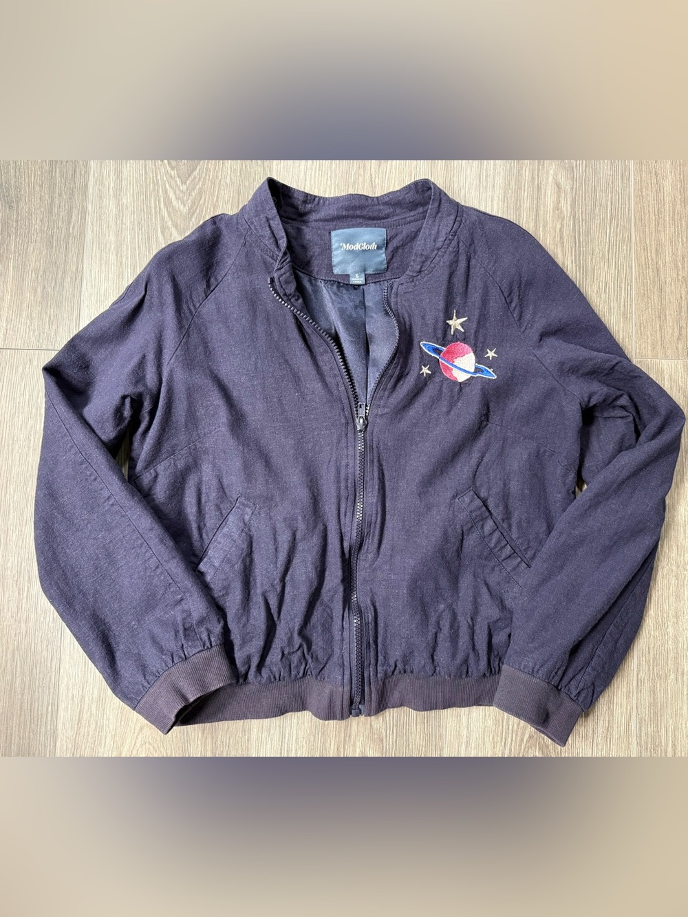 ModCloth Bomber Jacket Womens Sm Navy Zip Linen Blend Lined Stars Planet Space